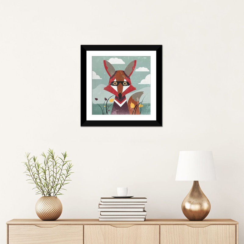 « fox », impression sur toile, H 16 po x l 16 po x P 1 po, Papier beaux-arts encadré noir, Blanc