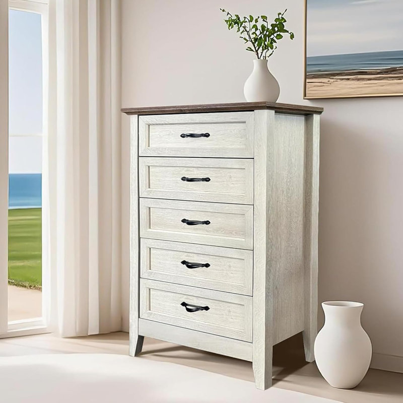 Vintage Yellow 5-Drawer Tall Dresser with Metal Handles, ‎White/Yellow