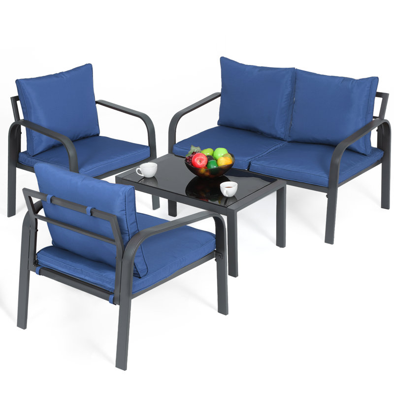 Steel Frame Patio Furniture Set with 2 Single Chairs 1 Double Chair & Tempered Glass Table 4-Piece Outdoor Conversation Set with Teslin Cloth Cushions