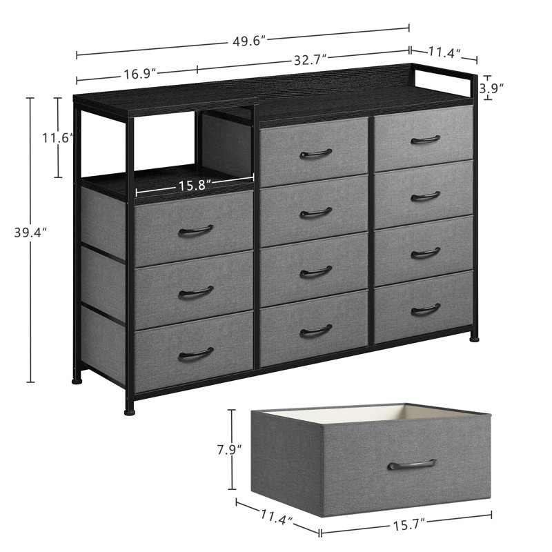 49.6"W 11-Drawer Long Dresser with 2-Tier Shelves, TV Stand for Bedroom, Gray