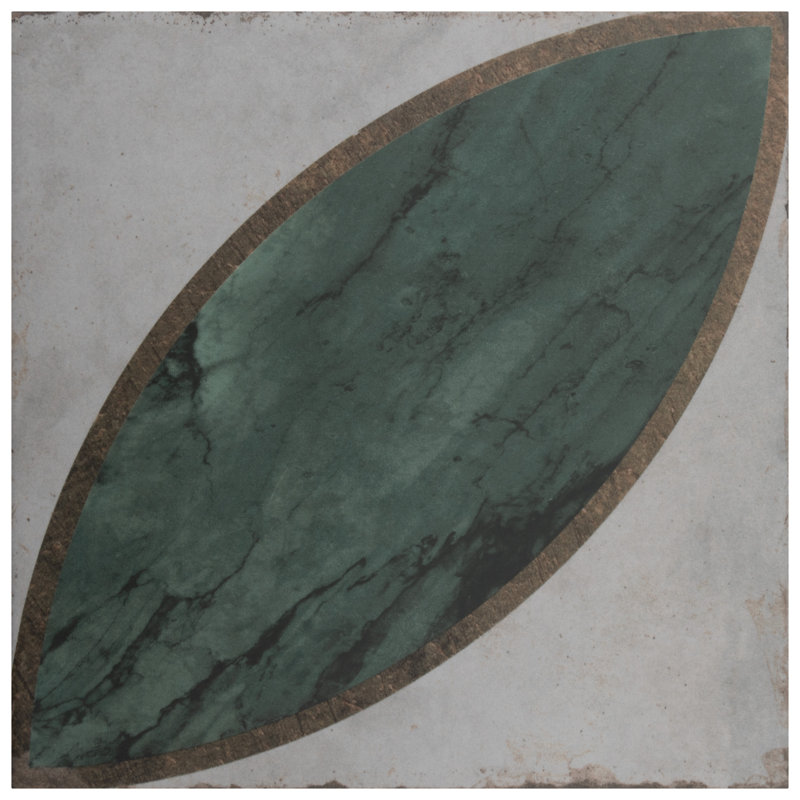 Renaissance Deco 8" x 8" Porcelain Patterned Wall & Floor Tile, Green/White