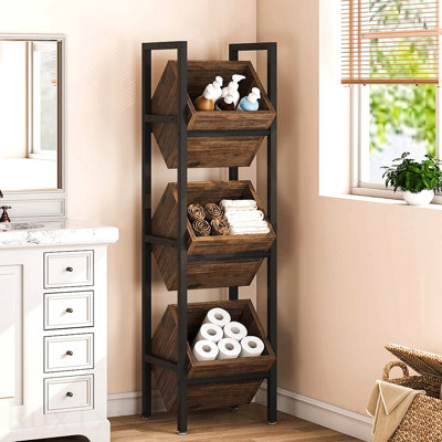 15" 3-Tier Industrial Basket Stand With Angled Baskets – Rustic Vertical Fruit & Snack Rack, Standing Storage Tower Organizer For Kitchen, Pantry, Bathroom, Living Room – Brown & Black Finish