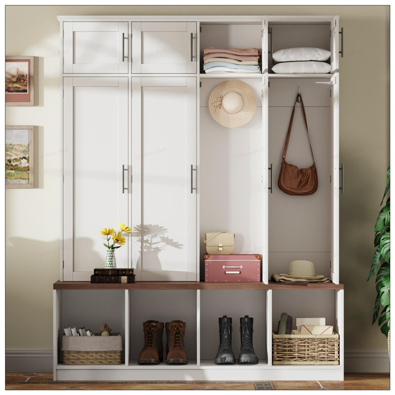 Farmhouse Hall Tree with 4 Hidden Hooks, Versatile Seating Bench, and Shoe Cabinet for Entryway Organization, White