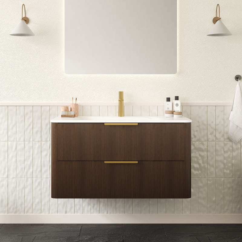 Meuble-lavabo de salle de bain avec lavabo flottant ultra-fin en contreplaqué avec tiroirs Zane 36 po Zane, Noyer