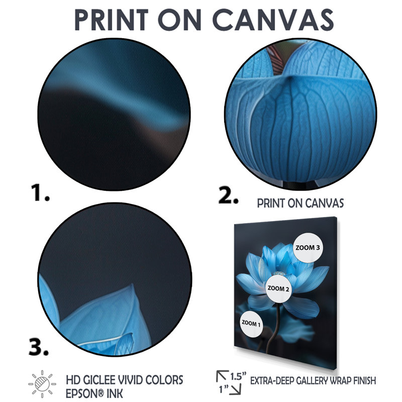 Bleu monochromes lotus rayonnants I - Lotus Wall Art Living Room, H 30 po x l 40 po, Cadre flottant noir