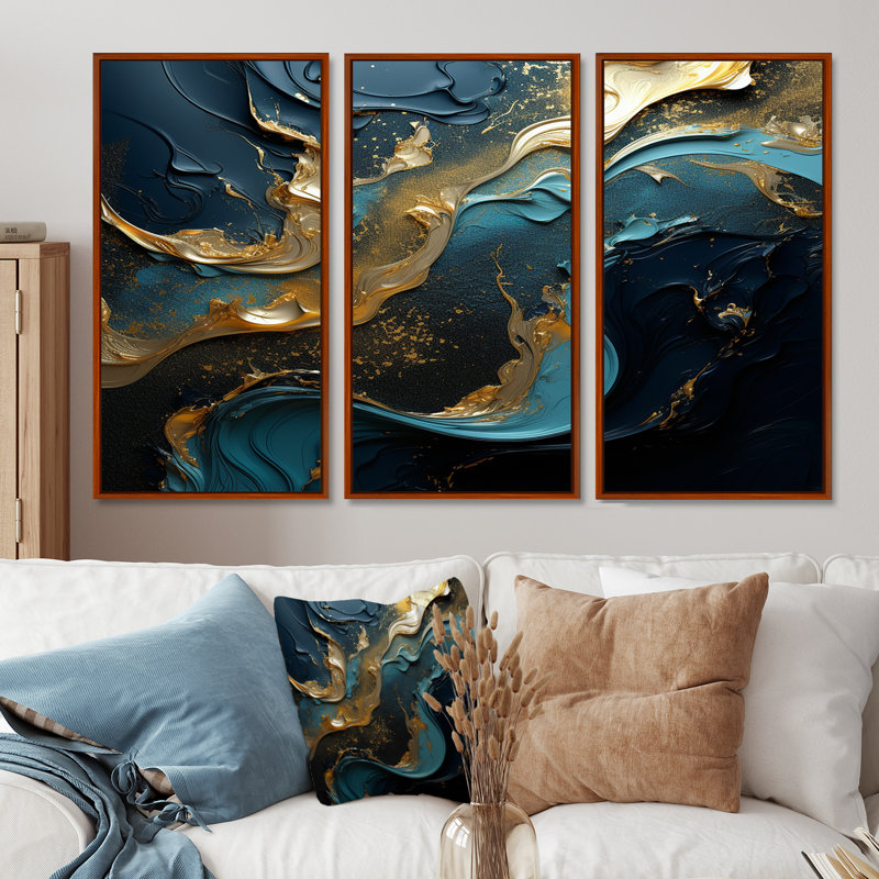 Ensemble de salon art mural liquide or turquoise et encre liquide, Cadre flottant brun, H 32 po x l 48 po x P 1 po