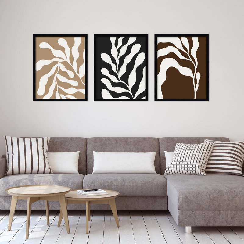 Retro Matisse Inspired Abstract Botanical - 3 Pieces by Erminia, 56" W x 21" H, Black