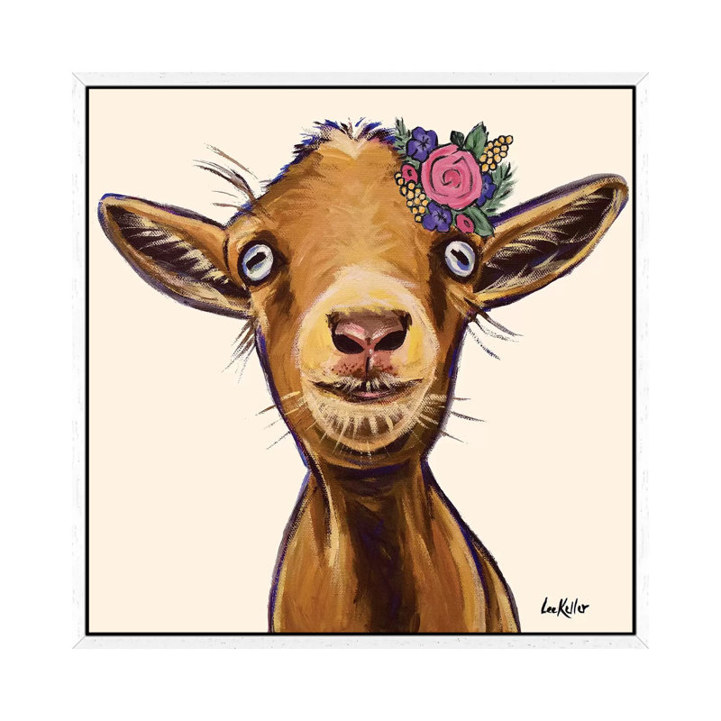Poundcake The Goat With Flowers by Hippie Hound Studios - Painting on Canvas, 66.04 cm H x 66.04 cm W, White Framed