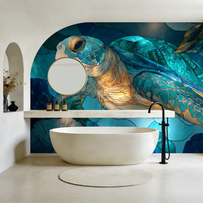 Papier peint auto-adhésif de style vitrail tortue de mer complexe, vitrail, corail, sarcelle, aigue-marine, sarcelle, papier peint amovible, adhésif en PVC, H 100 po x l 144 po, pour chambre à coucher, bureau à domicile