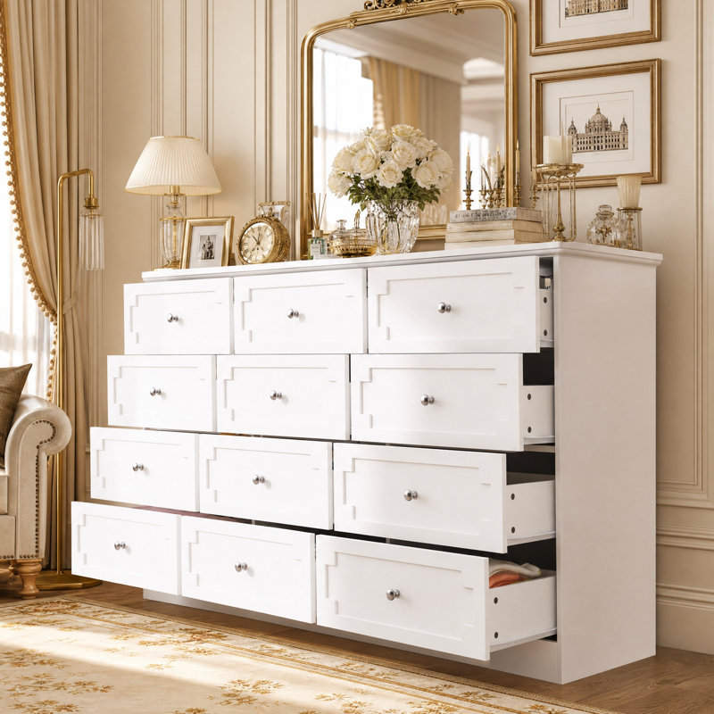 Commode 12 tiroirs avec grande capacité de rangement, commode de rangement large avec glissières en métal et design moderne