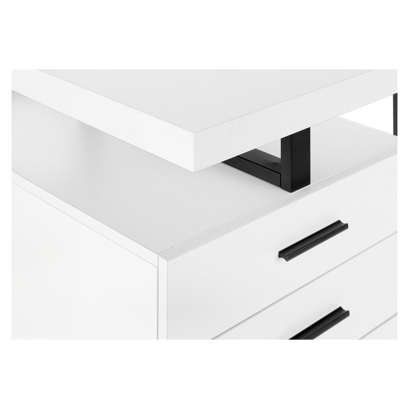 Bureau d'ordinateur moderne de 48 pouces avec tiroirs de rangement - Bureau réversible, bureau en stratifié blanc et métal noir pour ordinateur portable et d'écriture