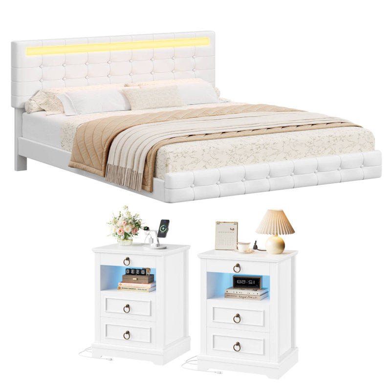 Ensemble de chambre à coucher 3 pièces, lit plateforme flottant en PU avec éclairage DEL et 2 tables de chevet à 3 tiroirs