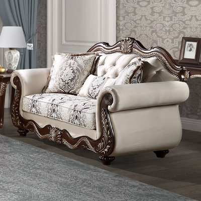 Albiery Loveseat with 3 Pillows in Beige and Cherry