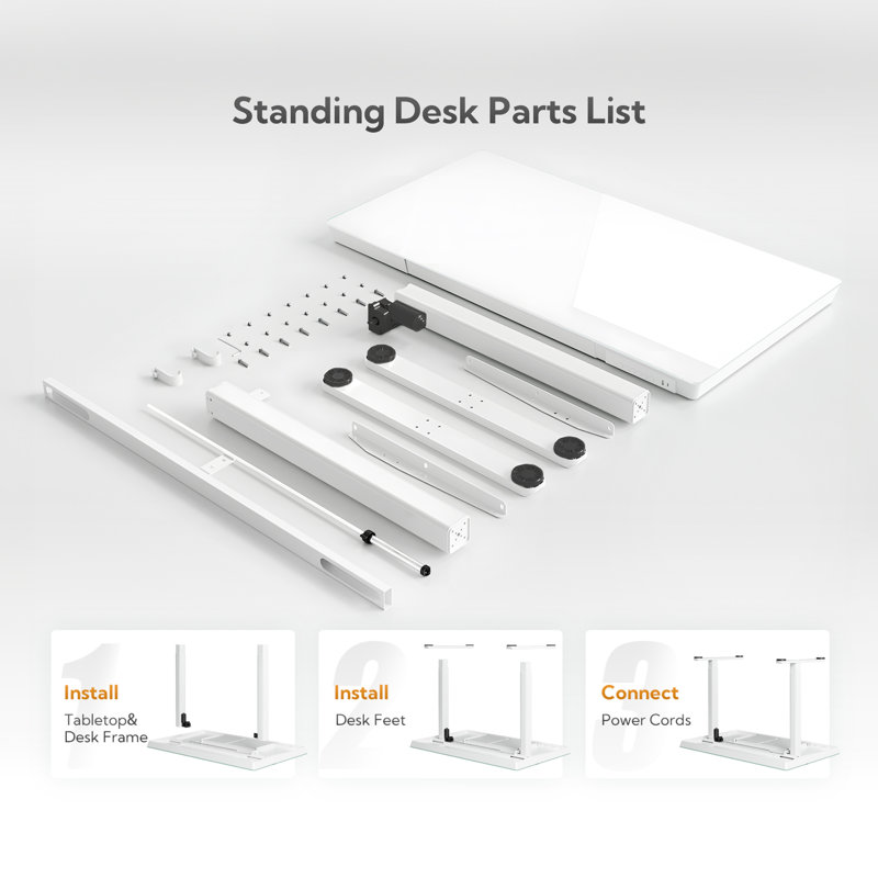 Seila Glass Top Height Adjustable Standing Desk, Computer Desk with Drawer, USB Port and Type-C Port, 46.5" H x 55" W x 24" D