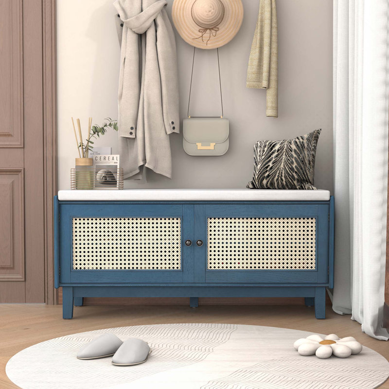 Banc d'entrée en rotin avec rangement Boho, Bleu marine antique
