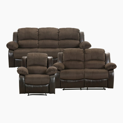 Suisun Traditional Textured Microfiber & Faux Leather 3-Piece Manual Double Reclining Living Room Set with Two-Tone Upholstery & Durable Frame