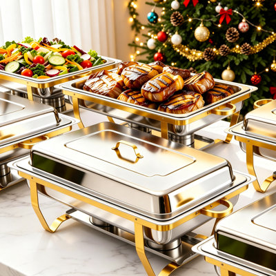 6-Pack Chafing Dishes Set 9QT Foldable Rectangular Chafer Set, Stainless Steel Food Warmer Set, Full Size Water Pan, Fuel Holder for Cooked Food Insulation