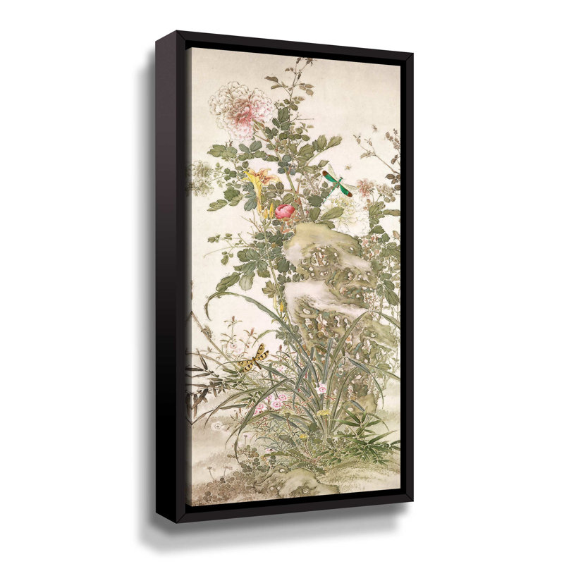 Chinoiserie, Six - Peinture sur toile, Cadre noir, H 24 po x l 12 po x P 2 po
