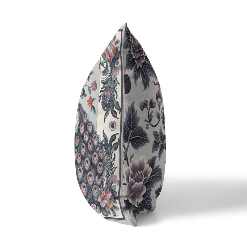 Peacock Blossom  Square Throw Pillow, 16"H x 16"W, Grey/Pink