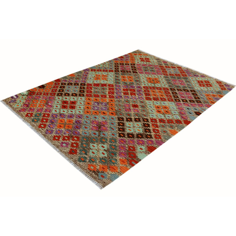 Tapis vert / rouge / mauve en laine noué à la main à motif géométrique 4 pi 5 po x 6 pi Sinclair