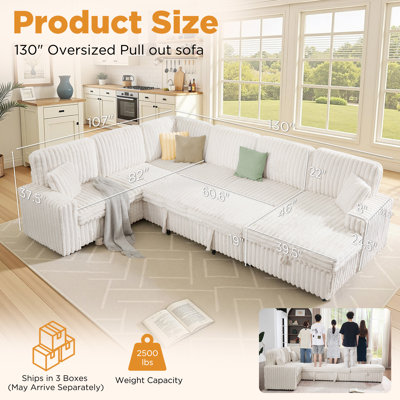  130" U-Shaped Sectional Sofa Bed with Chaise, Pull Out Sleeper and Storage, 7-Seater Convertible Couch for Living Room, Beige Faux fur
