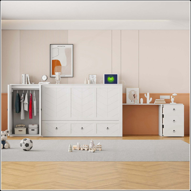 Grand lit escamotable avec port USB, Blanc