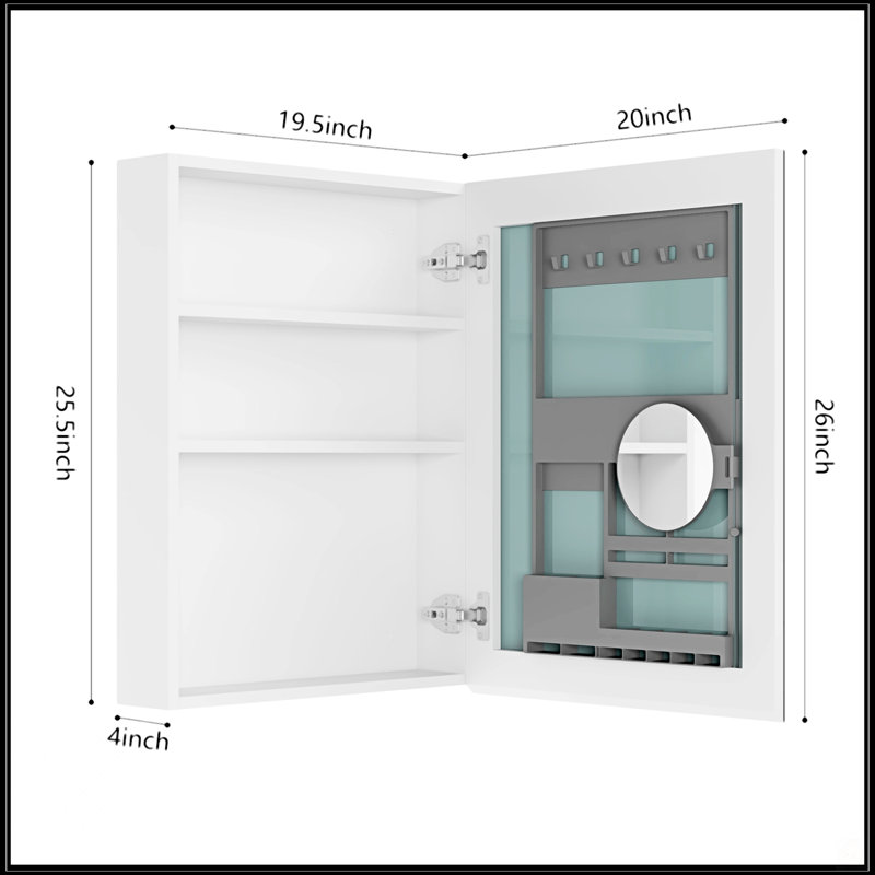 Pharmacie à miroir sans cadre l 20 po x H 26 po, H 20 po x l 26 po x P 4,8 po