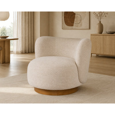 Modern Swivel Accent Chair with Sculpted Wraparound Back, Oversized Cushioned Seat and Round Wood Base