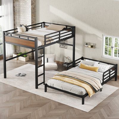 Full over Full Metal Bunk Bed with Safety Rail – Convertible Loft & Platform Beds for Kids,Walnut Color