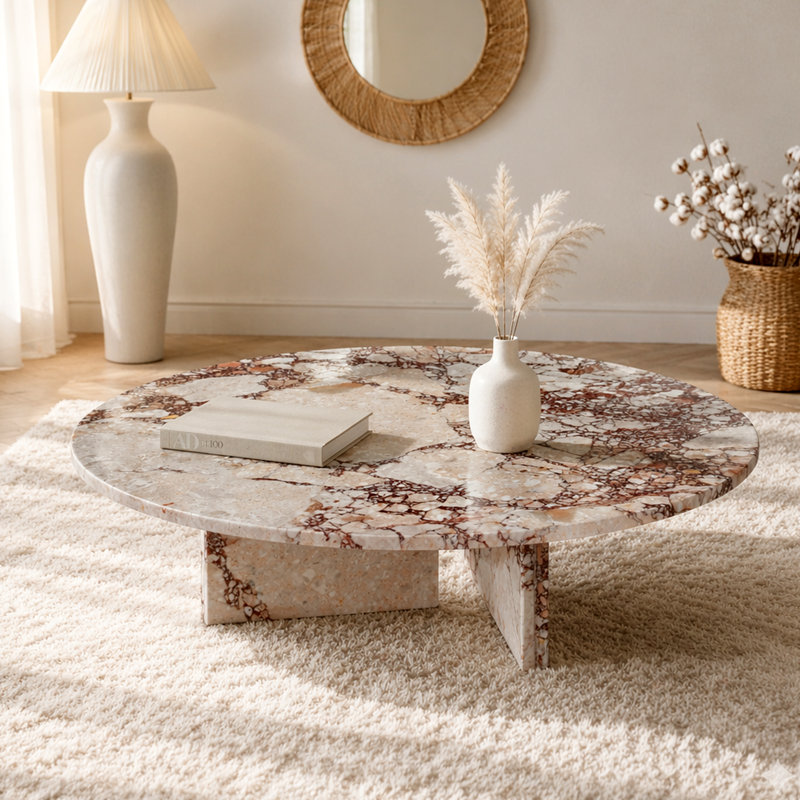 Table basse luxueuse en marbre naturel rose, pierre véritable, centre de table élégant