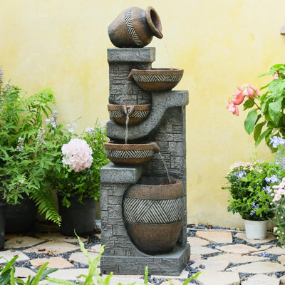 108CM Outdoor Cascading Pots Water Features- 5 Tiered Jar Garden Water Fountain Rustic Stone-Look Polyresin Freestanding Indoor Waterfall for Patio Porch Backyard and Home Decor