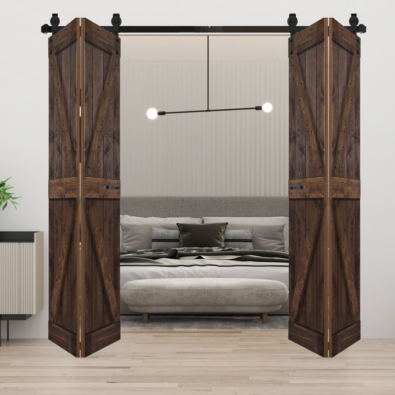 Porte de grange double pliante en bois massif de style K avec ensemble de quincaillerie - Assemblage requis, 48 po x 84 po