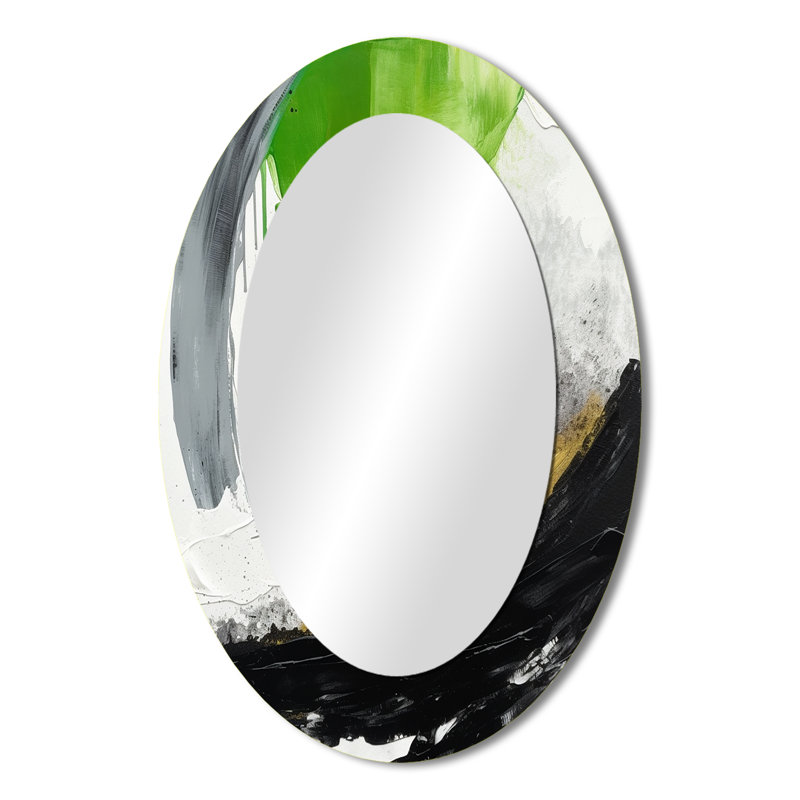 Enchantement géométrique vert et noir I - Miroir décoratif ovale abstrait sur métal, 36 po x 24 po