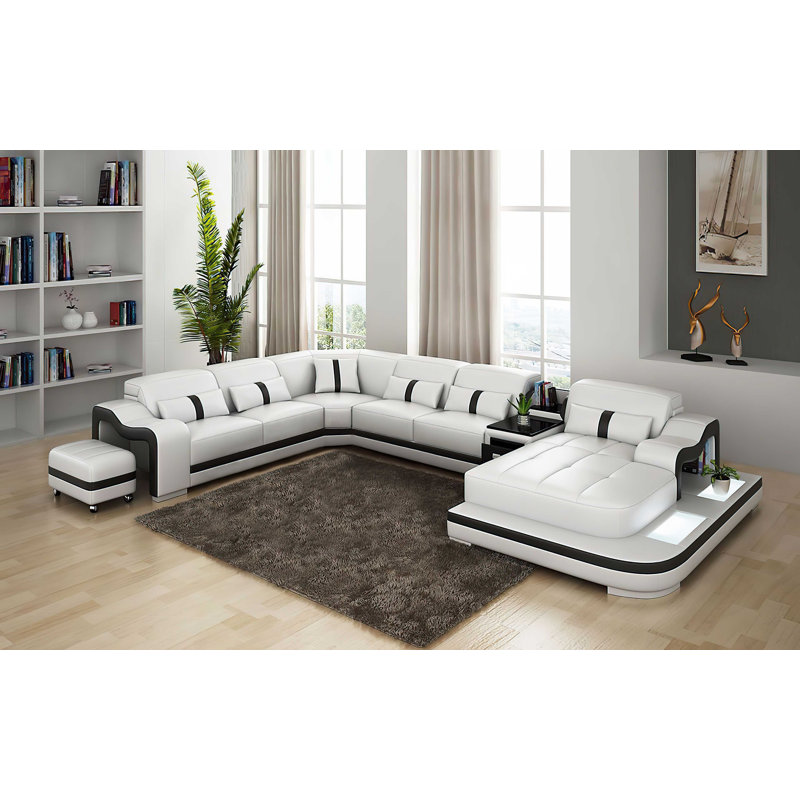 Canapé modulaire en cuir avec repose-pieds Arunvir Aphra, Accoudoir à droite (vu de face), Cuir assorti blanc