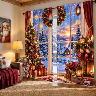 2 pièces rideaux de scène de Noël d'hiver, imprimé festif de village et d'arbres recouverts de neige, filtrant la lumière, passe-tringle, lavable à la machine, parfait pour le salon, la chambre à coucher et les décorations des Fêtes