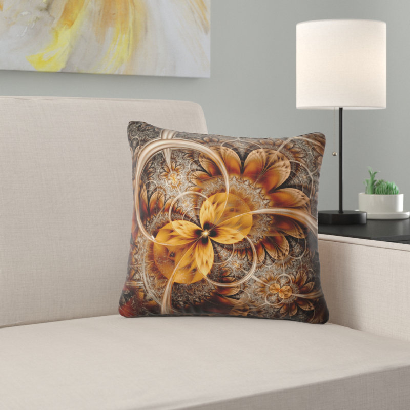 Fleur fractale orange foncé - coussin imprimé abstrait, 18 po x 18 po, Coussin décoratif