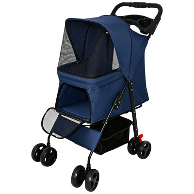 Blue Lightweight Foldable Pet Stroller For Small Dogs & Cats, 28 Lbs,Capacity 4 Wheels Travel Dog Carrier Stroller With Storage & Brake,For Walking Shopping Trave