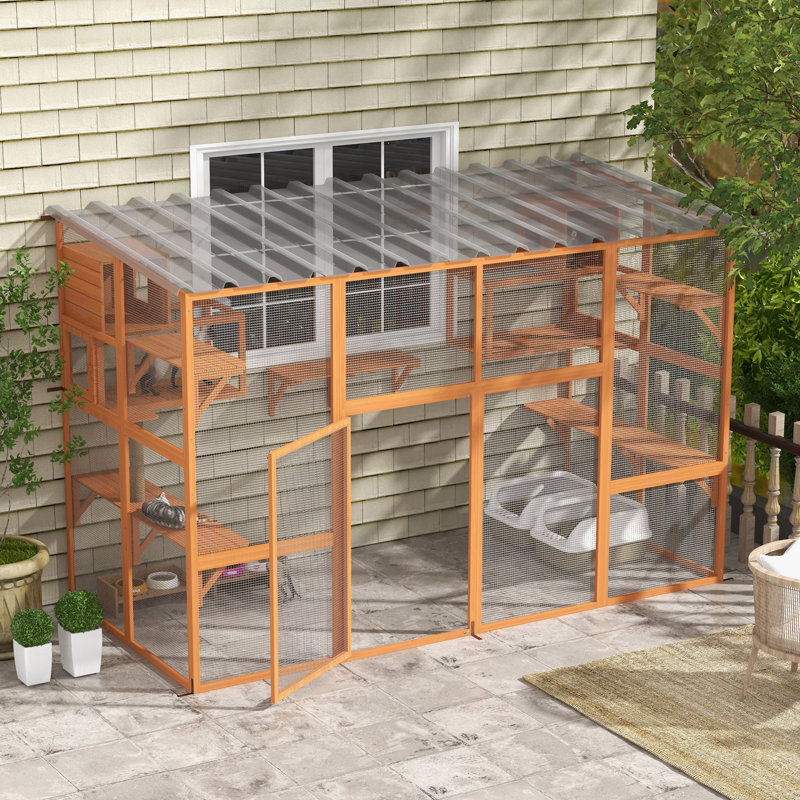 Large Orange Wooden Outdoor Cat House with Weather Protection Roof