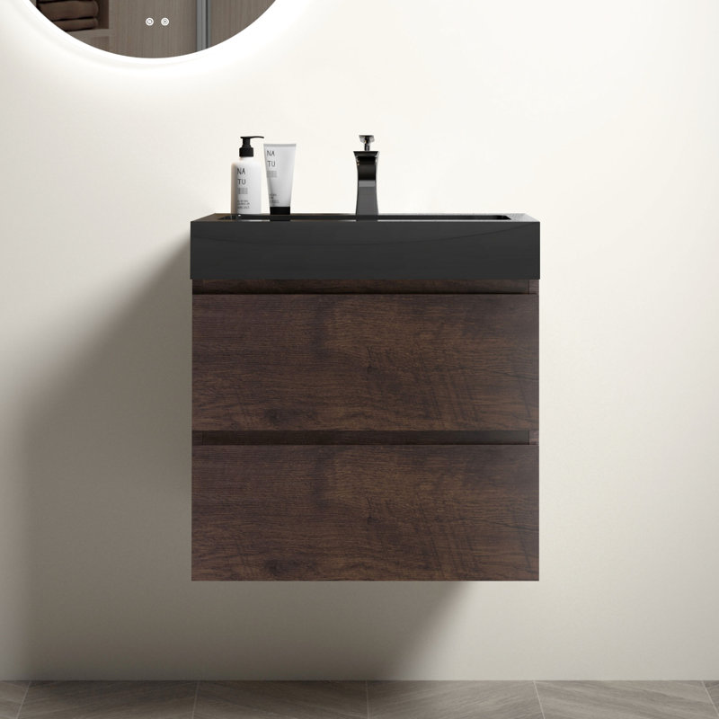 Meuble-lavabo de salle de bain 24 po - noyer, conception murale, espace de rangement spacieux, lavabo noir, tiroirs silencieux, grand lavabo avec lavabo, grand
