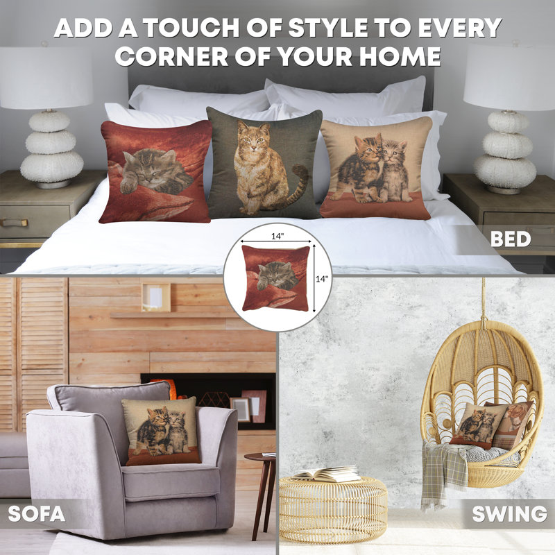 Red Cotton Euro Pillow Cover with Sleeping Cat Design
