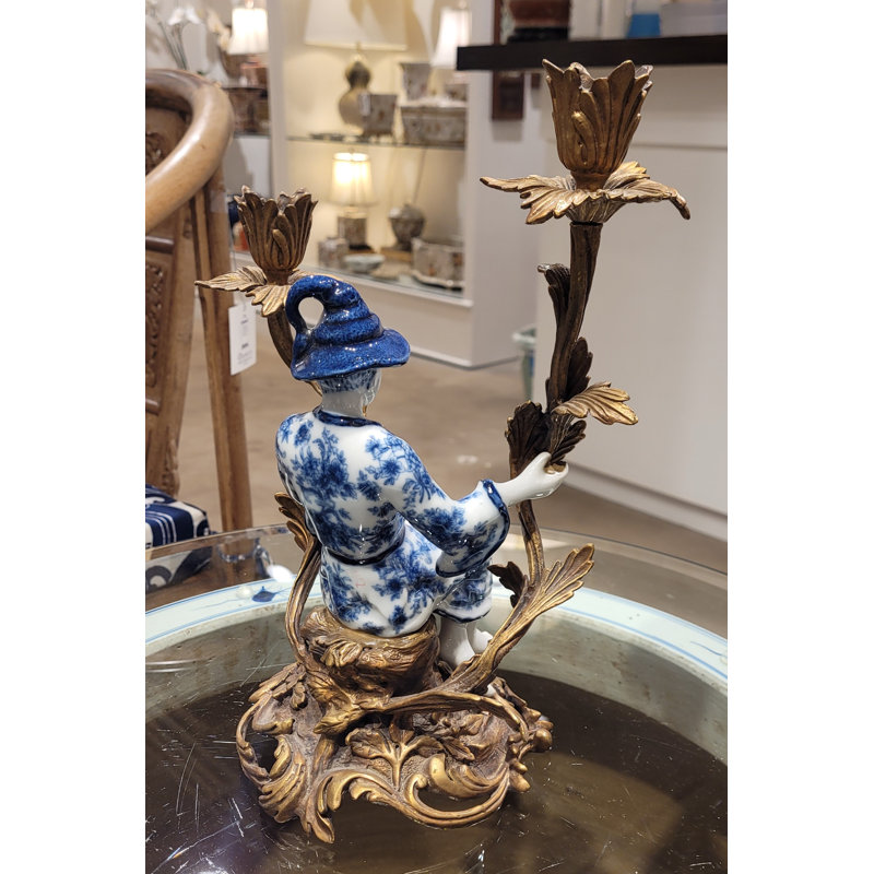Porcelain Boy Figurine With Bronze Candle Holder Blue and White