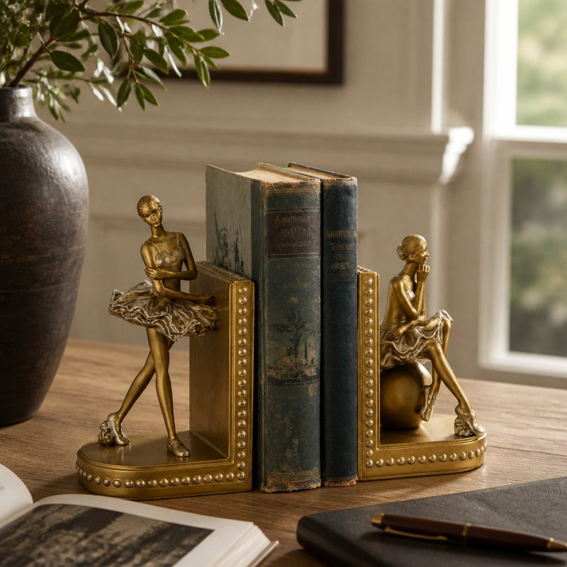 Ballet Dancer Bookends – Elegant Resin Ballet Girl Figurine Book Ends, Gold