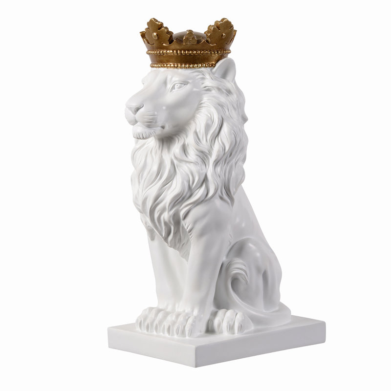 14.5" H Sitting Lion W/Crown Resin Statue Home Decor Living Room Display, White/Gold