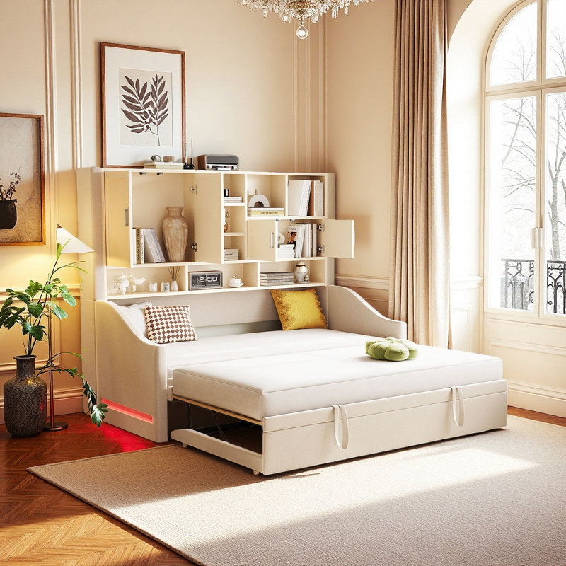 Twin Size Daybed with Lift-Up Twin Trundle & LED Armrest Lights, Beige