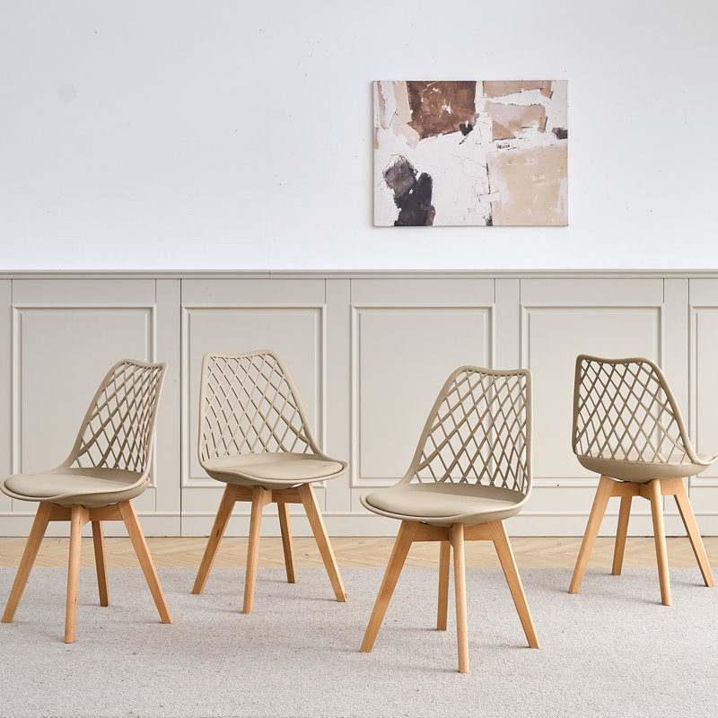 Dining Chairs - Nordic Style Dining Chair - Mesh Backrest - Solid Wood Legs, Beige, Set Of 4 