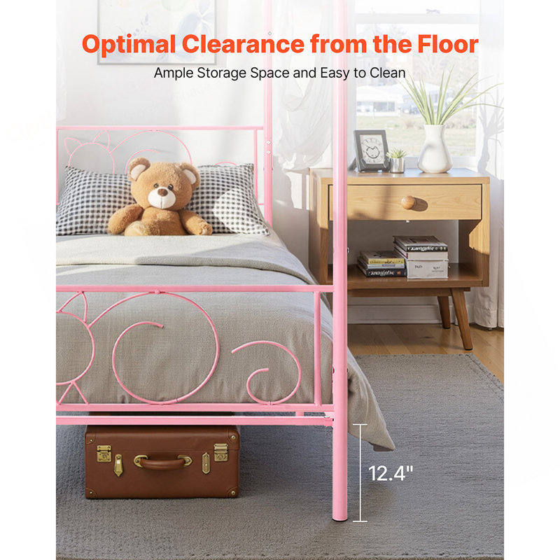 Twin Size Metal Canopy Bed Frame With Headboard, Four Posters, And Under-Bed Storage For Modern Bedrooms.