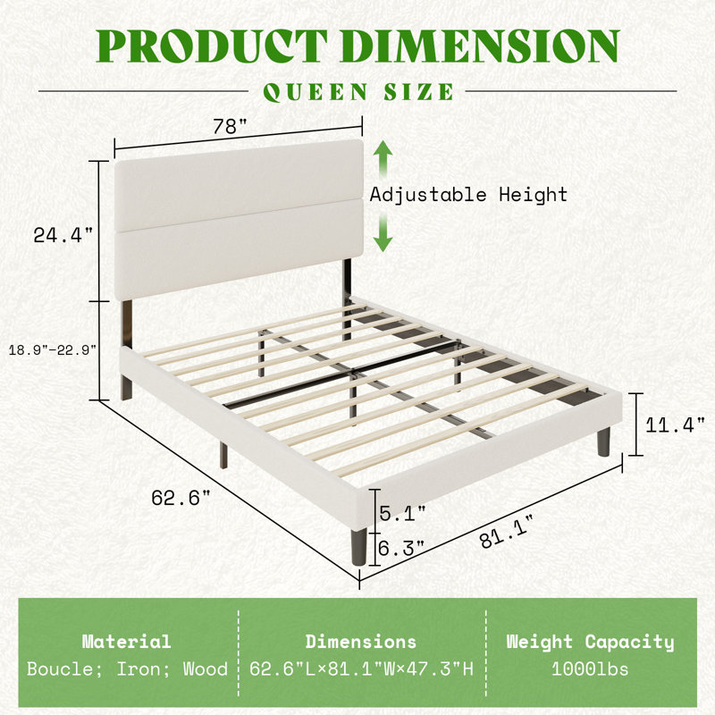Boucle Queen Size Upholstered Bed Frame With 50" High Adjustable Headboard,White, Queen, White
