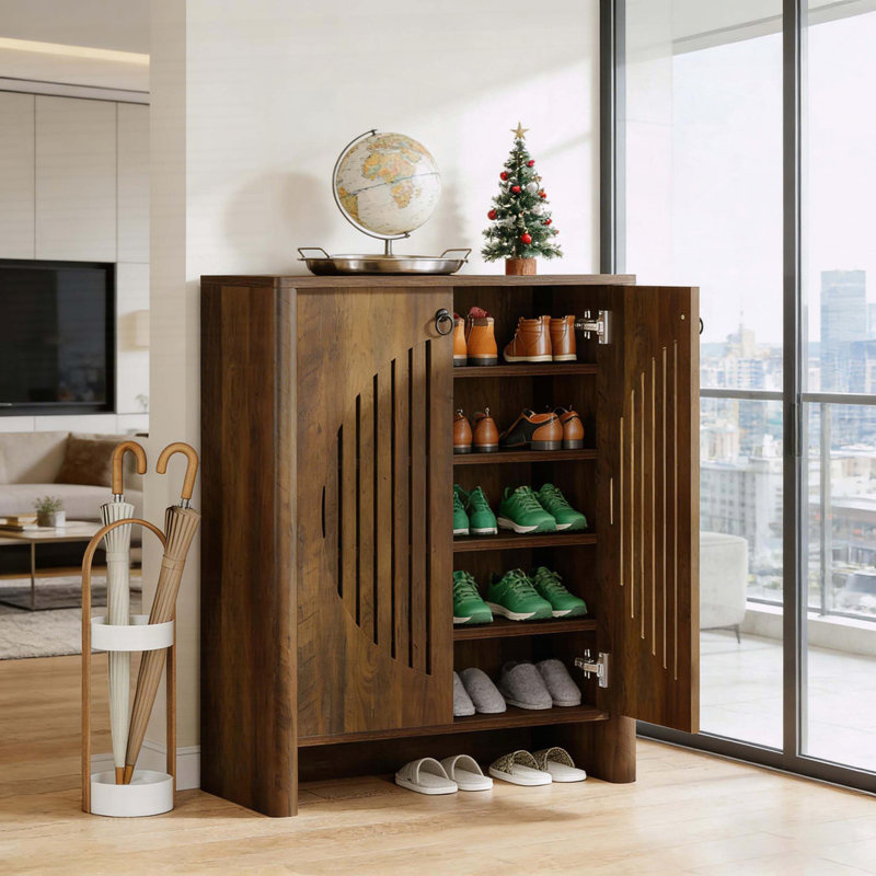 Armoire de rangement à chaussures en bois avec portes à persiennes et grandes tablettes