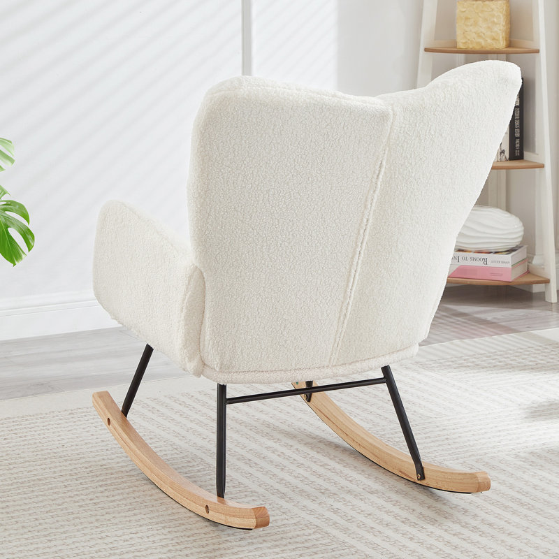 Chaise berçante en tissu, structure en métal, conception ergonomique pour le confort dans la maison et la chambre à coucher, blanc, limite de poids de 300 lb