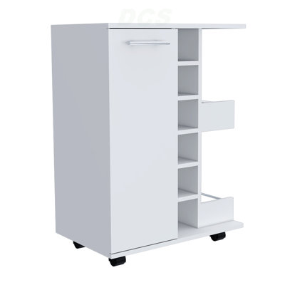 Bar Cart, Two External Shelves, Four Casters, Six Built-In Wine Rack, Single Door Cabinet -White